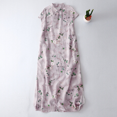 新中式女装连衣裙2026新款夏季粉色碎花裙苎麻新式旗袍裙年轻款