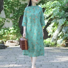 批发2026春夏新款印花<b class='q'>复古</b>斜襟立领改良旗袍连衣裙