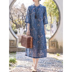 批发2026新中式立领优雅五分袖改良旗袍长款印花国风气质连衣裙