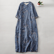 批发2026新中式立领优雅五分袖改良旗袍长款印花国风气质连衣裙