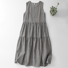 2026夏季新款色织细条无袖大摆连衣裙两段式背心裙长裙