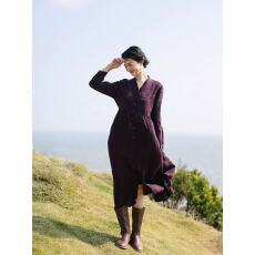 批发2026早秋新款女装棉麻v领绛紫开门襟两穿长袖显瘦<b class='q'>连衣裙</b>