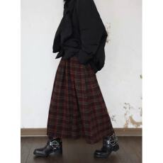 批发2026复古红格子半身裙女秋冬季毛呢暗红色格纹A字伞裙大摆中长裙
