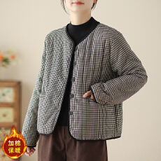 批发2026冬季新品文艺复古格子轻薄夹棉短款棉服女外套