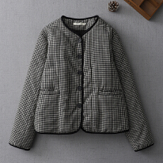 批发2026冬季新品文艺复古格子轻薄夹棉短款棉服女外套