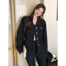 批发高级感黑色小香风外套女<b class='q'>秋</b>季2025新款赫本风气质轻熟风粗花呢上衣