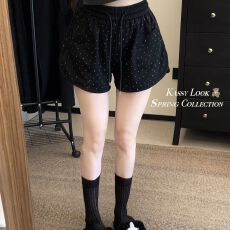 批发260克酷棉双面含棉45%+烫钻工艺  黑色烫钻女夏季高腰宽松运动裤