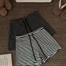 批发原版珠地色织条  松紧腰直筒A字瑜伽休闲裤女夏穿搭条纹抽绳<b class='q'>短裤</b>