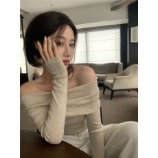 批发260克人棉 杏色设计感一字肩女秋季长袖<b class='q'>紧身</b>打底辣妹性感短款上衣