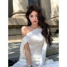 批发260克人棉 斜领露单肩长袖T恤修身显瘦内搭外穿飘带设计感上衣