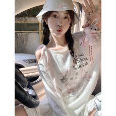 批发原版面料 白色露肩猫咪T恤女2025春印花长袖罩衫防晒上衣薄款
