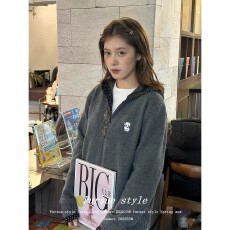 批发格雷系波点连帽拉链毛衣女春秋韩版小众宽松休闲针织开衫<b class='q'>长袖</b>外套
