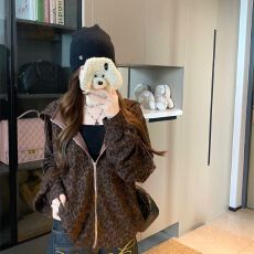 批发原版优质面料  豹纹连帽长袖<b class='q'>卫衣</b><b class='q'>外套</b>春季开衫设计感慵懒宽松上衣