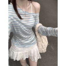 批发原版面料 带蕾丝花边蓝色<b class='q'>条纹</b>斜肩天丝防晒夏季薄纱罩衫露肩上衣