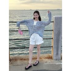 韩国雪花麻 蓝色条纹设计感系带长袖女秋季T恤2026新款宽松上衣