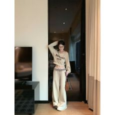 批发曼巴棉 复古<b class='q'>长袖</b>斜肩印花<b class='q'>卫衣</b>高腰拼接条纹阔腿休闲裤女秋季套装