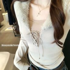 批发原版毛领做法 秋<b class='q'>冬</b>毛领拼接系带打底衫女内搭设计感修身长袖上衣