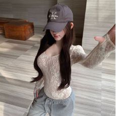 批发原版面料双层做法 白色圆领长袖蕾丝衫女<b class='q'>冬</b>季打底衫内搭连体上衣