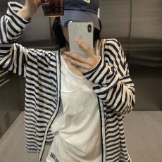 原版色织条面料  韩系复古条纹微透开衫长袖外套宽松防晒罩衫上衣