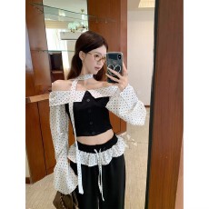 批发<b class='q'>波点</b>拼接芭蕾风一字肩抹胸<b class='q'>衬衫</b>辣妹阔腿裤2026春季新款时尚套装女