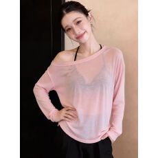 批发天丝罗纹  斜肩罩衫女夏季薄款防晒衫上衣宽松露肩小个子<b class='q'>长袖</b><b class='q'>t</b><b class='q'>恤</b>