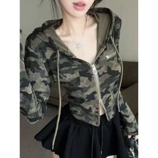 批发210克40支奥代尔  ins辣妹迷彩连帽卫衣女长袖修身短款<b class='q'>开衫</b>