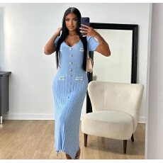 批发夏季长款通勤短袖连衣裙<b class='q'>欧美</b><b class='q'>风格</b>御姐风性感修身针织包臀裙