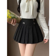 批发毛呢百褶半身裙2025新款秋冬高腰学院辣妹显瘦防走光百褶a字短裙