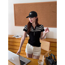 批发【冰爽丝】黑白撞色条纹Polo领T恤女装夏季短袖针织衫紧身弹力