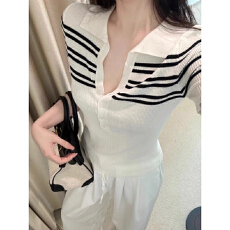 批发【冰爽丝】条纹polo领针织衫女夏季松弛感独特超好看v领短袖t恤