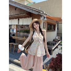 批发韩系温柔碎花扭结v领挂脖背心女夏季修身无袖外穿设计感<b class='q'>甜美</b>