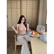 批发【天丝】老钱风卡其色针织<b class='q'>工字</b>背心无袖上衣女装夏季新款百搭短袖