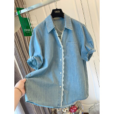 批发美式复古牛仔短袖衬衫女2026夏季新款设计感小众宽松休闲百搭衬衣