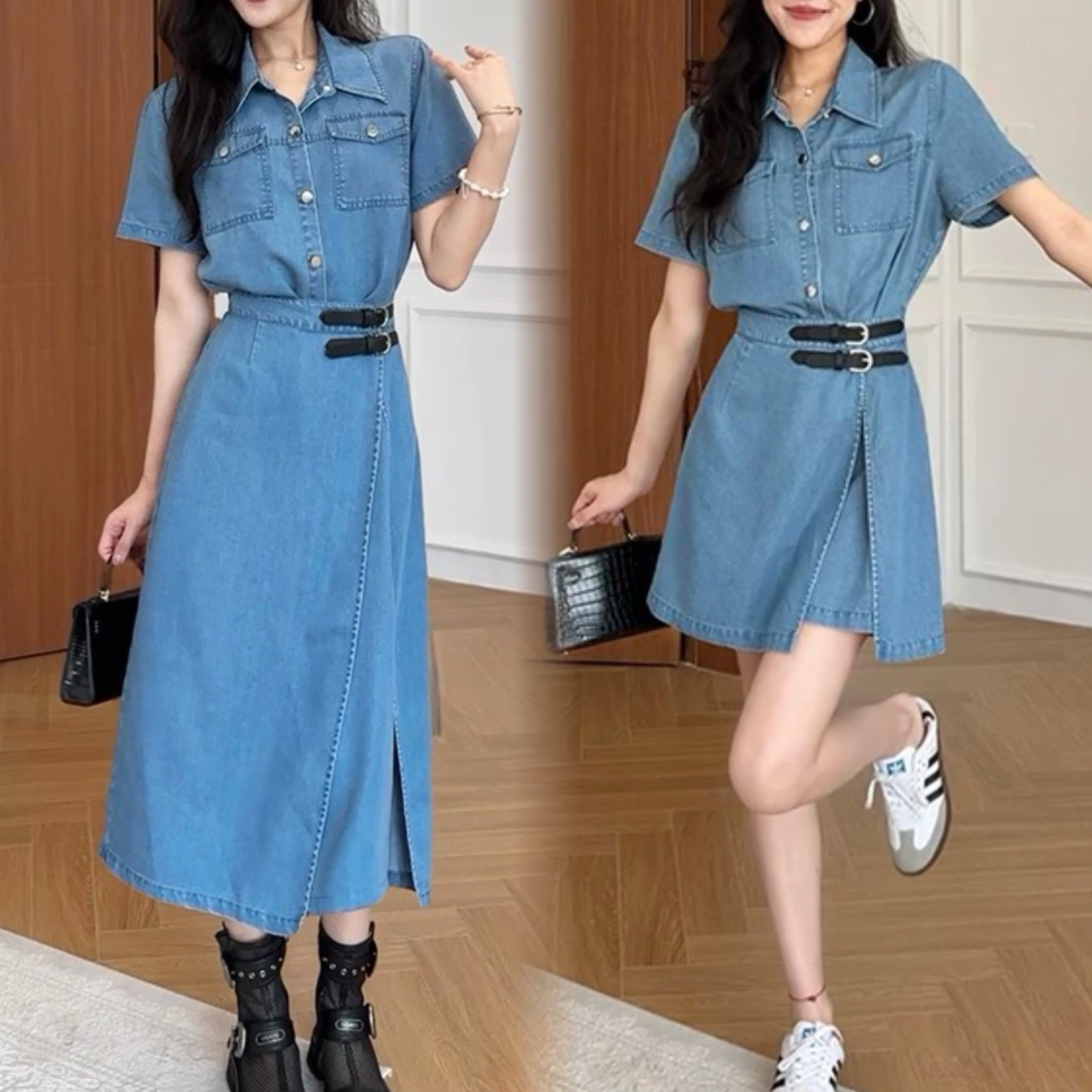 한국 항구 바람 레트로 페이크 레이어드 데님 여성 드레스 여름 허리 수축 슬림해 보이는 하나 슬라이스 쇼트 스타일 드레스