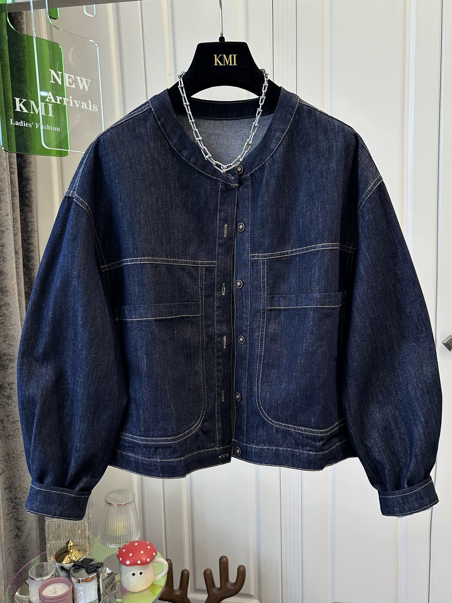 2026 봄 가을 새로운 한국 스타일 루즈핏 라운드 넥 진한 파란색 데님 짧은 여성 코트 재킷 다용도 맨위