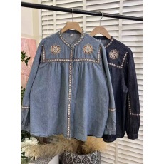 批发2026早春新款刺绣宽松百搭立领<b class='q'>牛仔</b><b class='q'>衬衫</b>女长袖宽松文艺上衣