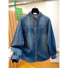 批发欧洲站2026早春新款欧货时尚圆领木耳边单排扣<b class='q'>衬衣</b>百搭<b class='q'>牛仔</b><b class='q'>衬衫</b>