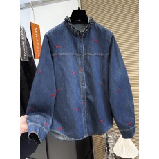 批发木耳边立领刺绣小马<b class='q'>牛仔</b><b class='q'>衬衫</b>2026早春新款宽松长袖<b class='q'>衬衣</b>