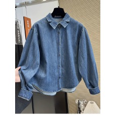 批发设计感小众褶皱翻领<b class='q'>牛仔</b><b class='q'>衬衫</b>女2026早春新款轻薄宽松长袖<b class='q'>衬衣</b>外套