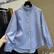 批发设计感小众花边领褶皱条纹<b class='q'>衬衫</b>女2026年早春新款轻薄减龄时尚<b class='q'>衬衣</b>