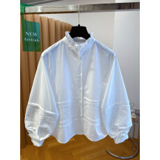 批发超好看白色木耳边立领衬衫女<b class='q'>长袖</b>2026新款宽松洋气钩花镂空上衣春