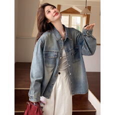 批发蓝色复古烫钻翻领牛仔外套女春秋2026新款小个子<b class='q'>短款</b>减龄洋气衬衫