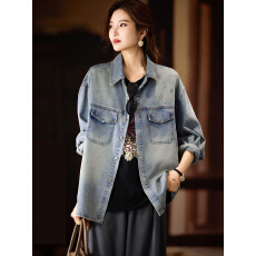 时尚翻领烫钻牛仔衬衫女春季大码衬衣2026年欧货新款开衫上衣