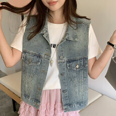 批发<b class='q'>欧洲站</b>2026早春<b class='q'>新款</b>时尚百搭翻领单排扣烫钻牛仔马甲女显瘦上衣潮