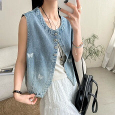 批发欧货亮钻蝴蝶圆领<b class='q'>牛仔</b><b class='q'>马甲</b>女款<b class='q'>背心</b>无袖外搭薄款<b class='q'>马夹</b>2026春夏新款