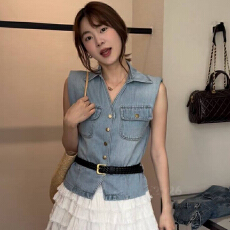 批发韩系复古polo领双口袋单排扣2026新款腰带收腰<b class='q'>牛仔</b><b class='q'>马甲</b><b class='q'>背心</b>
