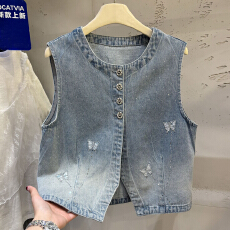 批发高定欧货重工钉珠烫钻蝴蝶刺绣<b class='q'>牛仔</b>马甲女26春夏新款韩系显瘦<b class='q'>上衣</b>