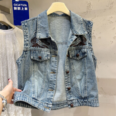 批发高定欧货重工刺绣翻领<b class='q'>牛仔</b>背心马甲女26春夏新款韩系叠穿显瘦<b class='q'>上衣</b>