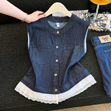 批发实拍<b class='q'>韩国</b>2026夏季新款下摆木耳边网纱拼接坎肩无袖<b class='q'>外套</b><b class='q'>牛仔</b>马甲女