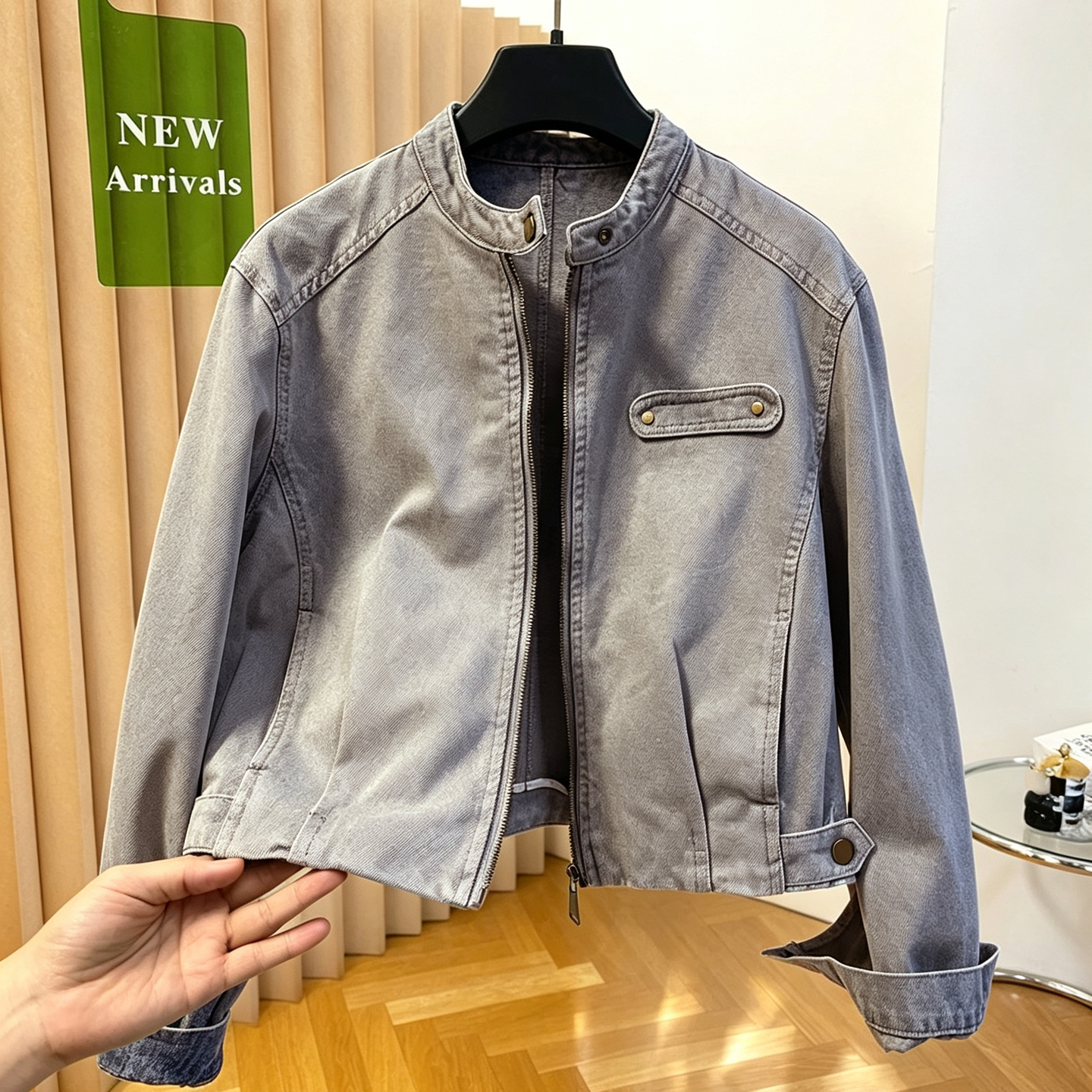 复古蓝色立领正肩牛仔夹克外套女秋季新款巨好看减龄短款上衣 服裝批發女裝批發服飾貨源